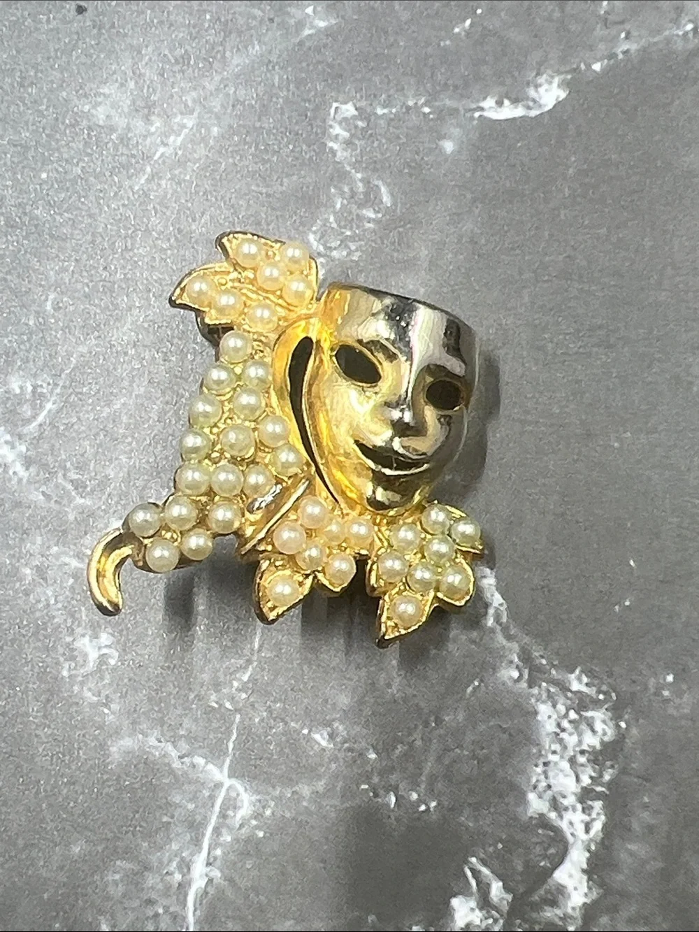 Gold Tone Pearl Harlequin Masquerade Mask Pin